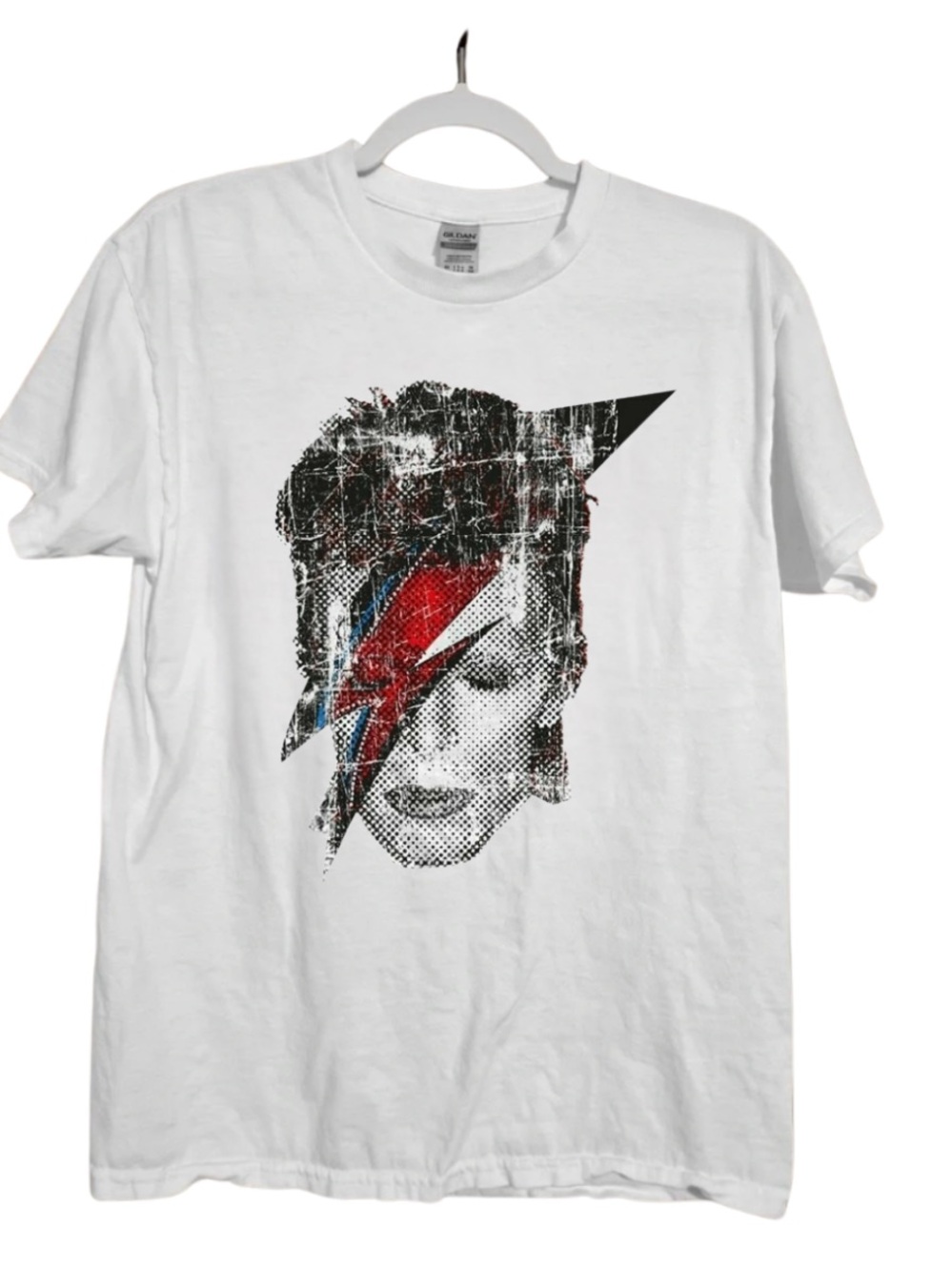 Gildan White Short-Sleeve Graphic Tee with Red and Blue Lightning Bolt